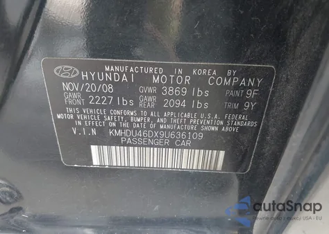 2009 Hyundai Elantra Gls z USA, uszkodzony, nr VIN KMHDU46DX9U636109